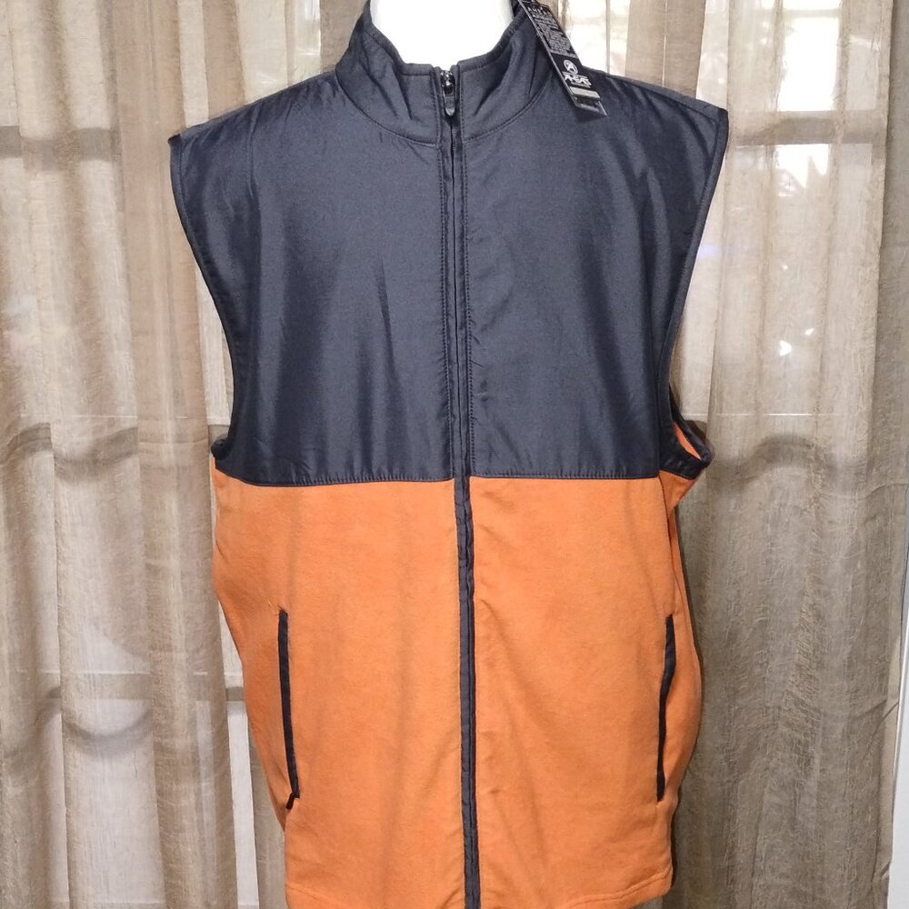 Men's Ahead Authentics Sleeveless Fleece Orange & Gray Zip Up Jacket Size L NWT.